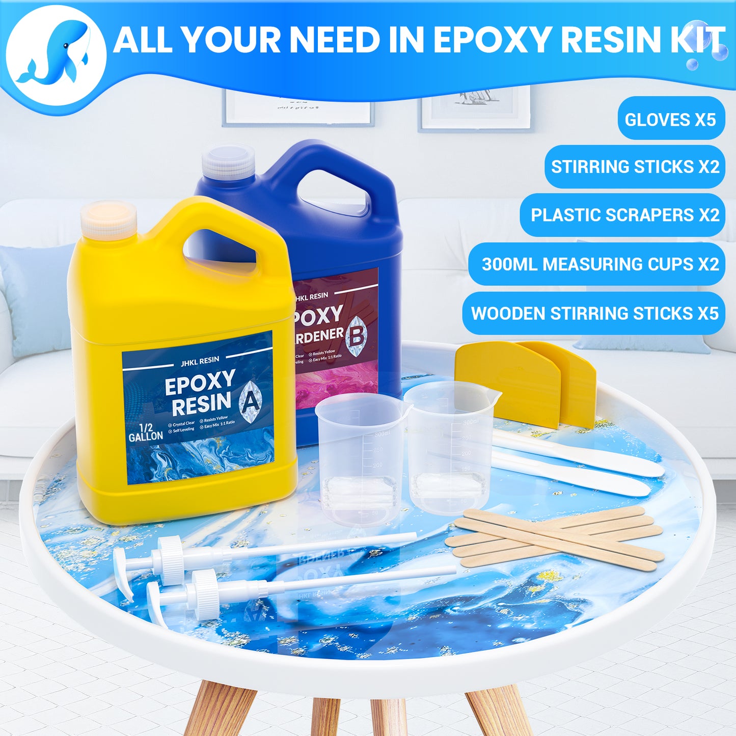 JHKL 1 Gallon versatile epoxy resin kit for art, craft, and DIY with resin, hardener, and tools