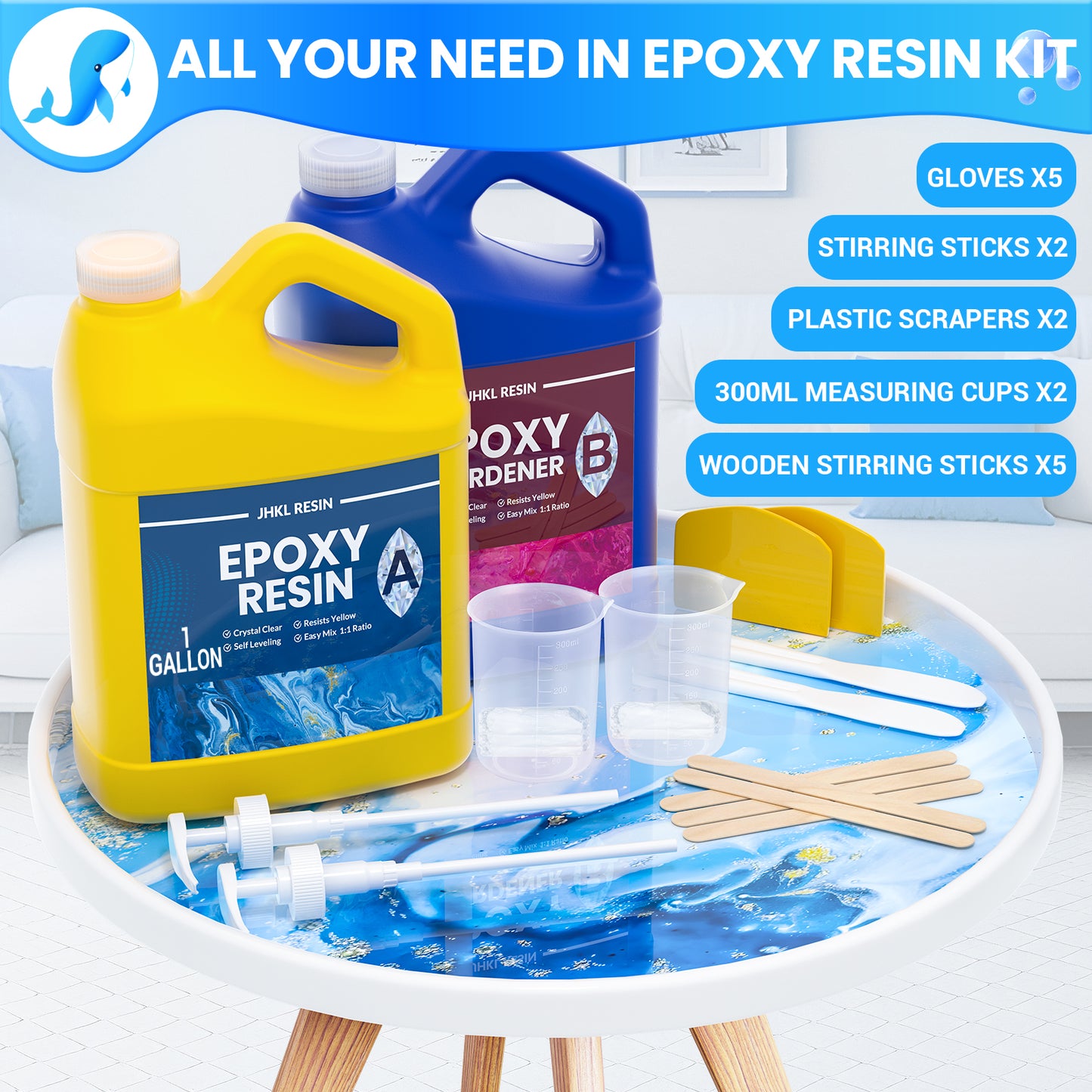 JHKL 2 Gallon versatile epoxy resin kit for art, craft, and DIY with resin, hardener, and tools