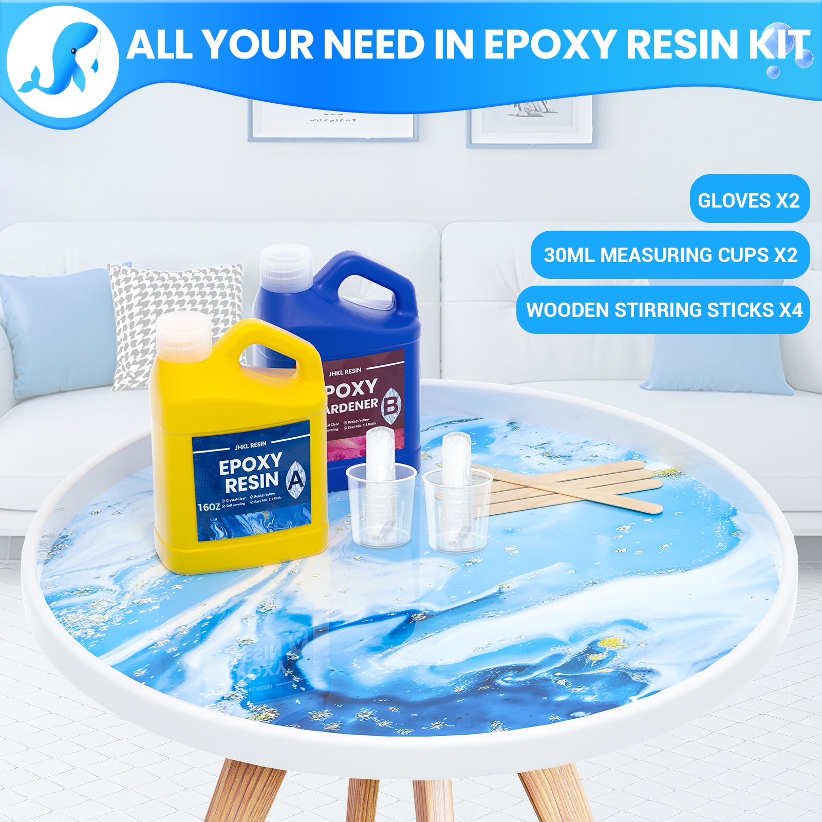 JHKL 32oz versatile epoxy resin kit for art, craft, and DIY with resin, hardener, and tools