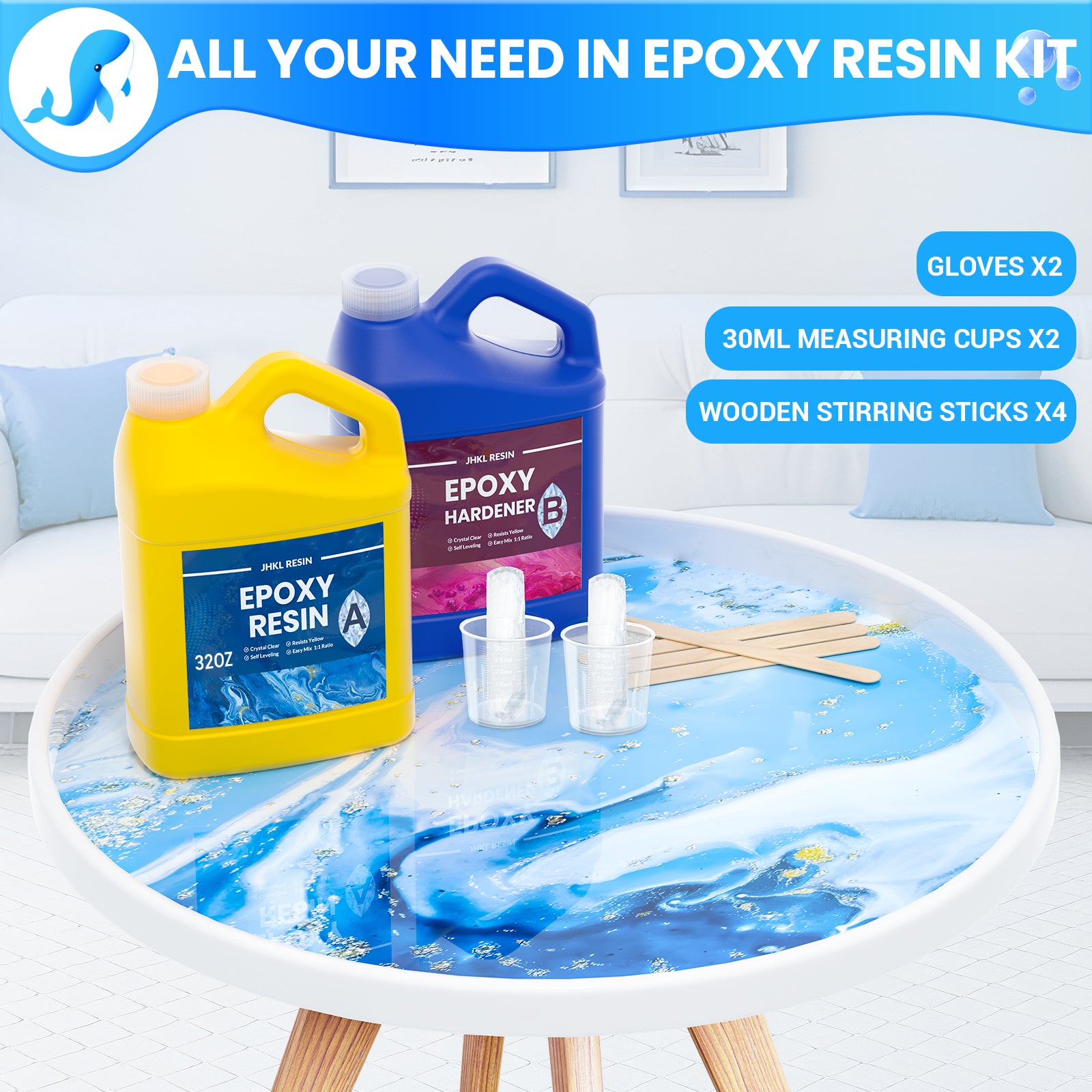 JHKL 64oz versatile epoxy resin kit for art, craft, and DIY with resin, hardener, and tools